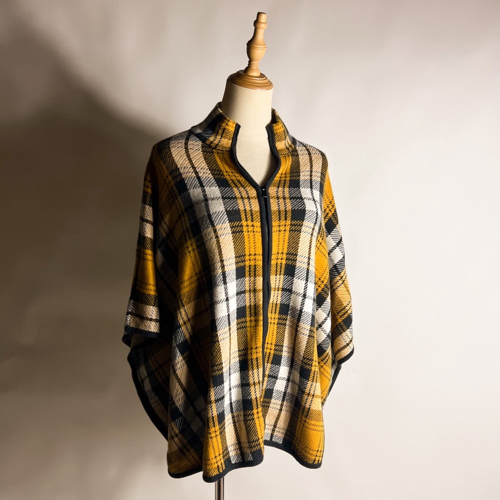 JONES NEW YORK Plaid Yellow Navy Blue Zip Front Poncho Sweater S/M
